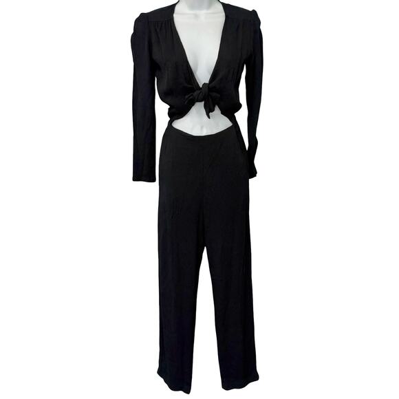 Reformation Black Ferris Textured Cut Out Tie Front Long Sleeve Jumpsuit size 0 - Picture 1 of 15
